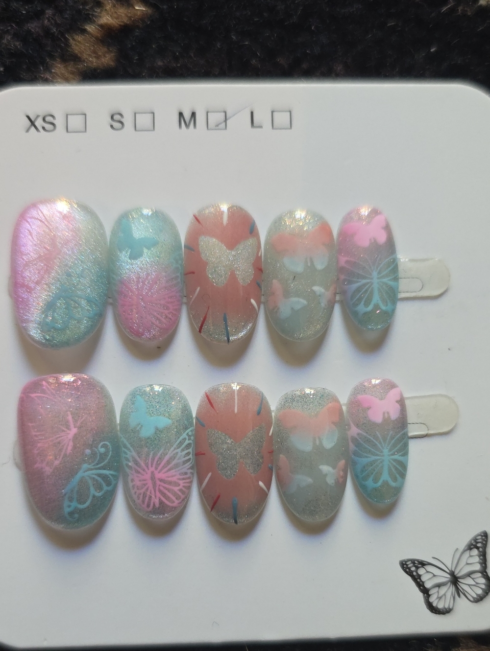Pastel Butterfly Press-On Nail Set - Pink & Blue Size Med